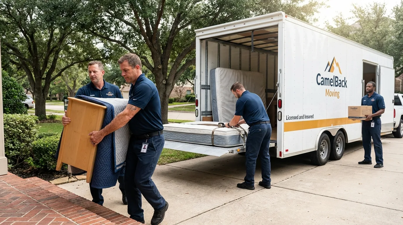Crew loading residential truck for cross-state move from Avila Beach, CA