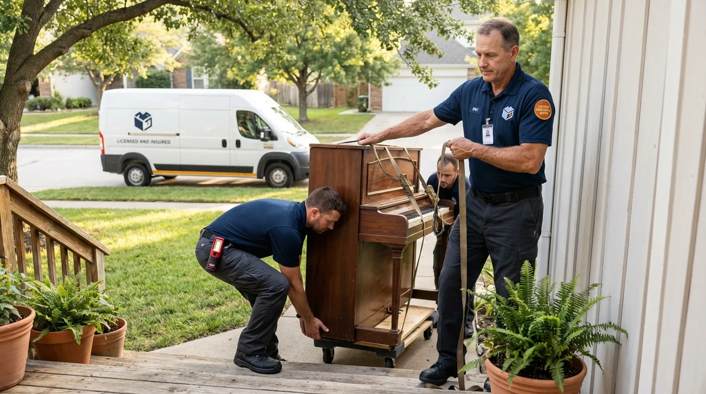 Licensed piano movers securing grand piano in Avila Beach, CA