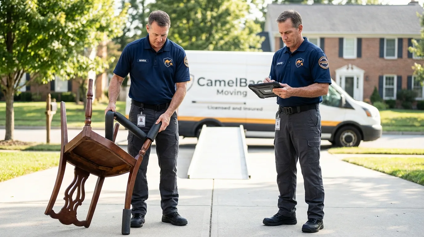 Movers inspecting furniture for damage prevention before loading in Avila Beach, CA