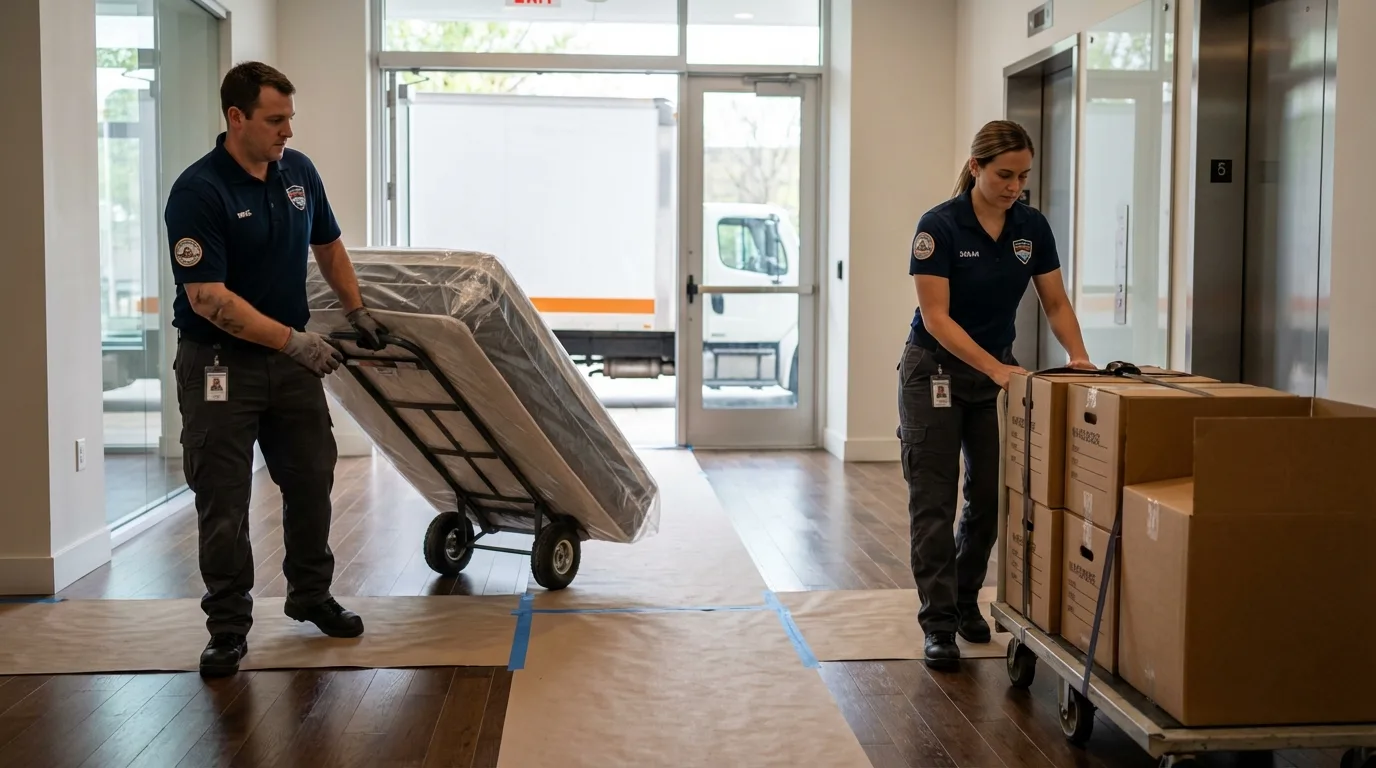 Professional apartment movers loading elevator in Avila Beach, CA