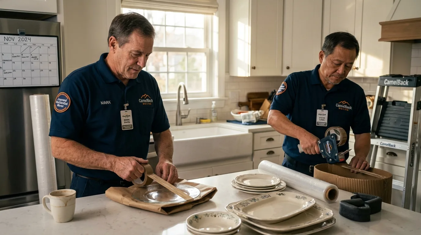 Professional crew packing kitchen dishware in Avila Beach, CA